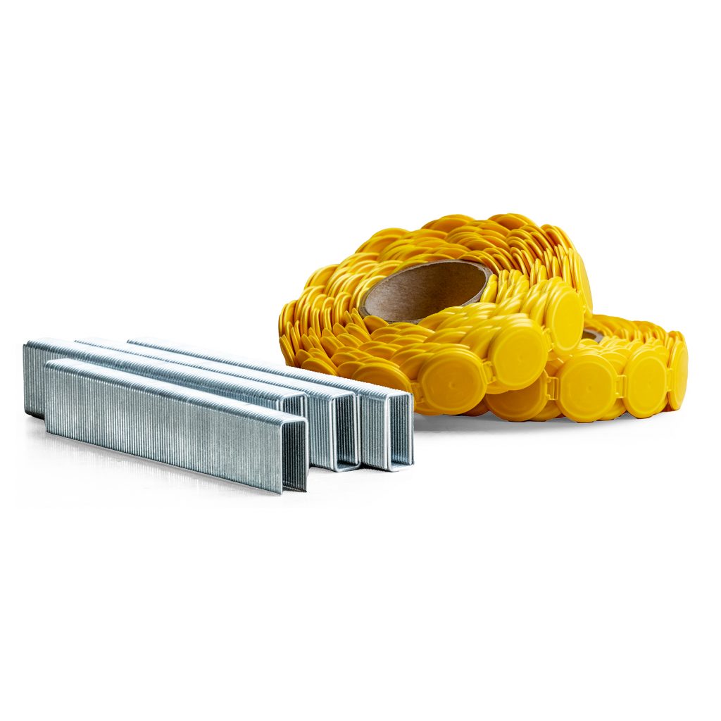 plastic roll caps 7/8" staples for house wrap, black paper, underlayment, foam board, silt fence, lumber wrap